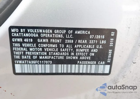 2015 Volkswagen Passat 1.8T Limited Edition z USA, uszkodzony, nr VIN 1VWAT7A35FC117073